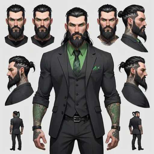 Prompt: Character design sheet man, medium build, toned, black hair, viking braid, styled beard. Black suit, steel grey shirt, green eyes, tattoos, 
Ears pierced  tall and broad. 