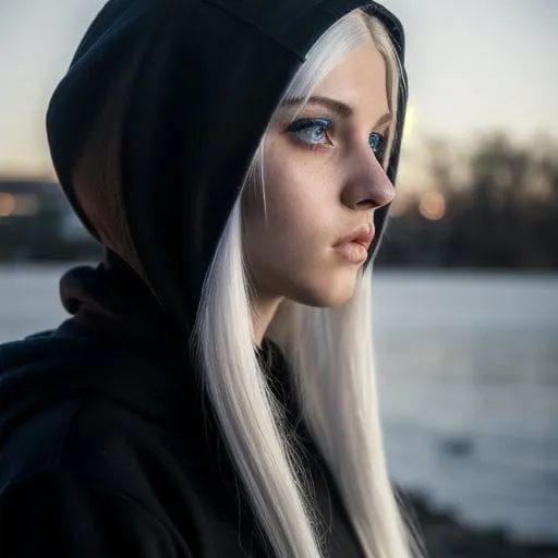 Prompt: profile shot of a flirty 18 yr old woman with long straight white hair, beautiful face, and piercing blue eyes, wearing a black hoodie with a neck tattoo, highres, 4k, detailed eyes, realistic, professional, moody lighting, high school, school skirt
