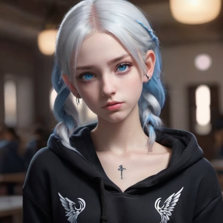 Prompt: Sensual 25 yr old woman, thic with straight white hair in pigtails, piercing blue eyes, black hoodie, angel wings neck tattoo, highres, 4k, realistic, detailed eyes, professional, moody lighting, schoolgirl, high school, school skirt