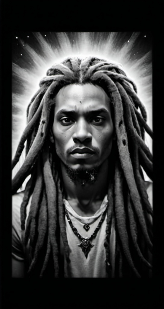 Prompt: a man with dreadlocks looking at the camera with a serious look on his face, with a godlike aura