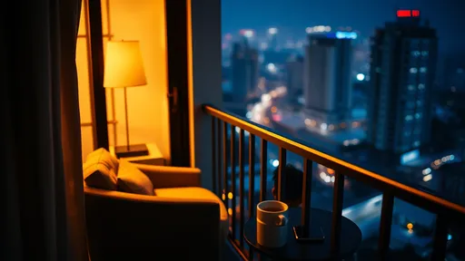 Prompt: A cozy, dimly lit modern apartment balcony in a bustling Indian metro city at night. Through a large window, warm golden light spills onto a small terrace. Inside, a comfortable armchair is visible. On a sleek side table, a steaming cup of chai sits next to a smartphone. The balcony railing frames a blurred cityscape backdrop with twinkling lights, suggesting Mumbai or Delhi. Cool blue night tones contrast with the amber warmth from the apartment. In the distance, barely noticeable, transparent outlines of a couple embracing are subtly incorporated into the cityscape. The scene evokes urban romance and intimacy. The overall mood is one of comfort, longing, and metropolitan charm, perfect for an ASMR background.