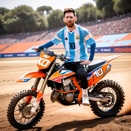 Prompt: Messi seat on a ktm motocross with Argentina jersey front of camera