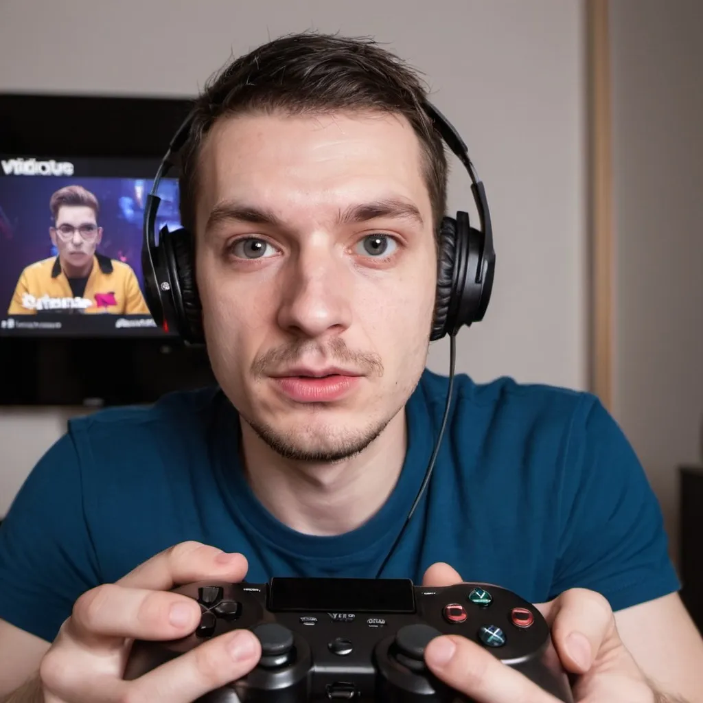 Prompt: a man is streaming vidio games faceing the camera
