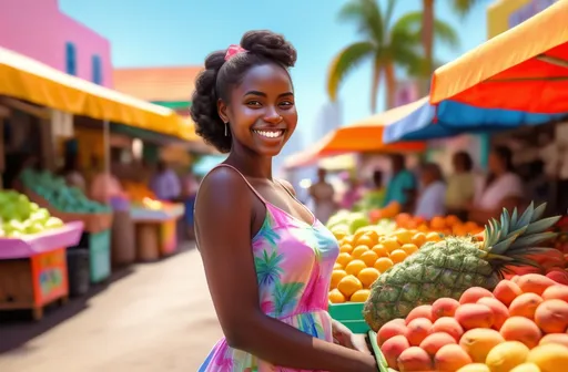 Prompt: (realism style), (vibrant color scheme), sweet smiling young woman, balanced black complexion, curves, wearing light simple pastel dress, standing by small fruit stand, bustling San-Pedro market, surrounded by colorful cityscape, palm trees and houses in background, bright sunlight casting soft shadows, lively atmosphere, tropical vibe, high quality, ultra-detailed, 4K.