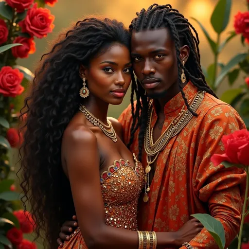 Prompt: (realism style), (vibrant colors), long-haired Akan princess in a stunning gown, African prince in luxurious attire, both in their thirties, deeply engaging gaze, richly detailed facial features, elegant traditional jewelry, lush background with vibrant flora, warm tones, cozy ambiance, high-quality 4K image, emotionally charged themes of connection and cultural fusion.