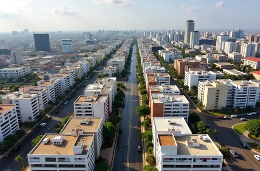 Prompt: Aerial view of the city of Abidjan, Côte d'Ivoire, more precisely the Plateau business district, with buildings, asphalt roads and cars.