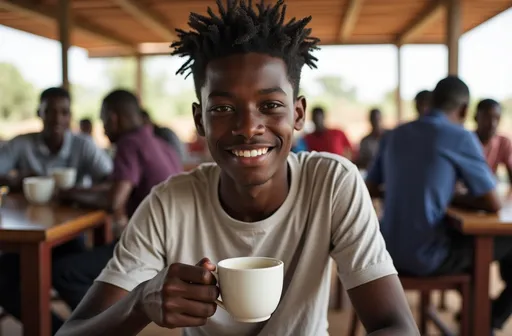 Prompt: Young Ivorian man, aged 24, with a light brown complexion, dressed in a very modest T-shirt, very well-coiffed, sitting in a cafeteria drinking his morning coffee. In the background, several villagers sitting around tables drinking coffee.