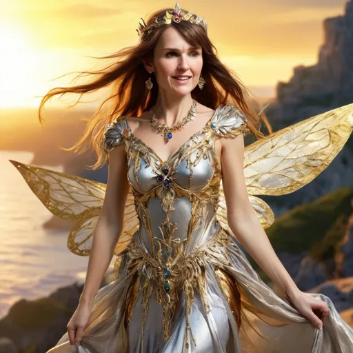 Prompt: young fairy queen, clothes ornately decorated with gold and silver and gemstones, hair blown by wind, sun rising in the background, in faryland, high definition, 4k high resolution, sharp focus, very detailed, realistic detailed body, photo realistic, professional photographer, lifelike, photoshoot