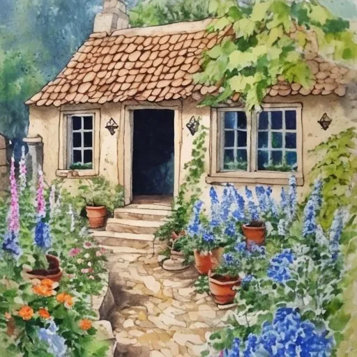 Prompt: painting backyard garden view of a small, humble and cozy beige-stoned cottage home. garden has orange, white, and blue flowers. garden also has a fountain where birds are drinking water out of