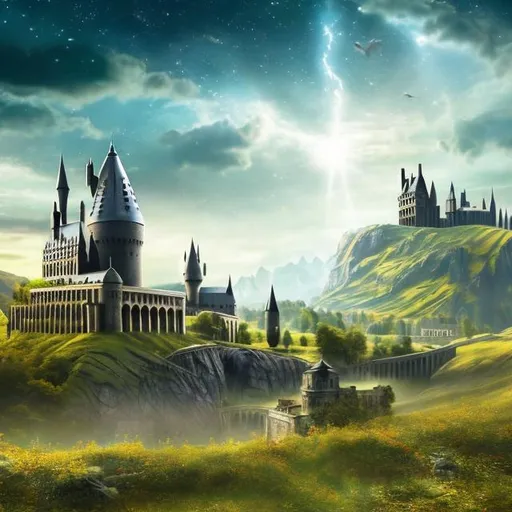 Prompt: bright and peaceful landscape with a harry potter like building in the far background