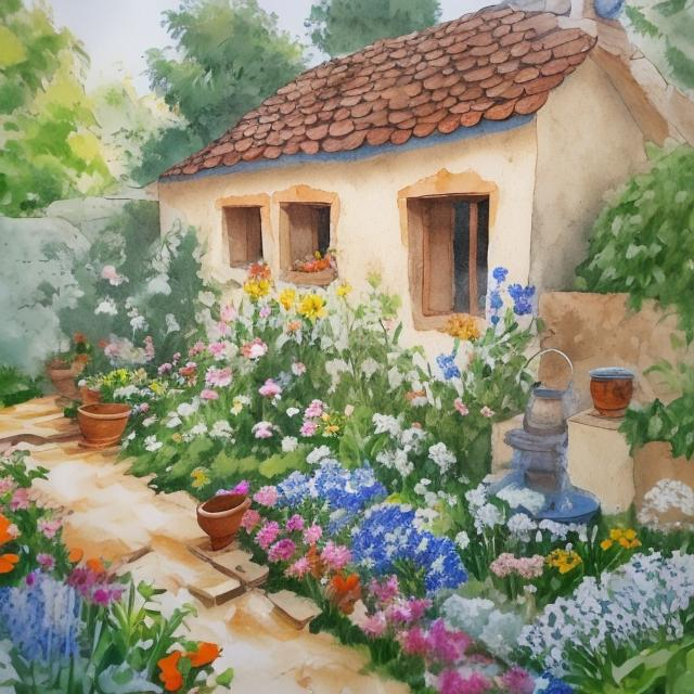 Prompt: painting backyard garden view of a small, humble and cozy beige-stoned cottage home. garden has orange, white, and blue flowers. garden also has a fountain where birds are drinking water out of