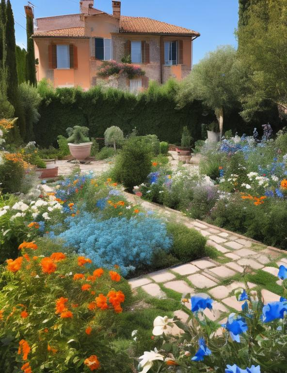 Prompt: zoom out view of a backyard garden of an italian home with orange, white, and blue flowers.
