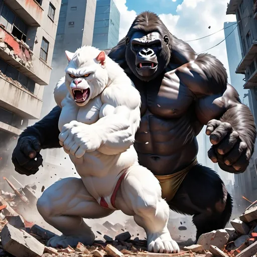 Prompt: anime style, (epic battle scene), a huge muscular white cat and a powerful gorilla exchanging fierce blows, chaotic motion, collapsing buildings, scattered rubble, dynamic poses, intense expressions, (dramatic lighting), vibrant colors, high energy, adrenaline-filled atmosphere, (detailed background), ultra-detailed, HD image quality.