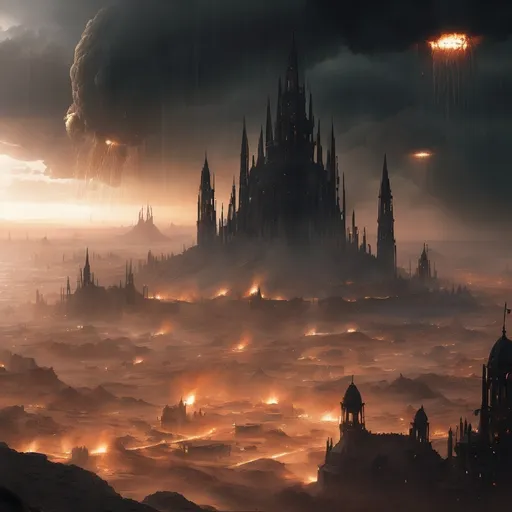 Prompt: Visualize a sprawling Imperial Hive City, its towering spires of gothic architecture silhouetted against a tumultuous sky, streaked with dark, swirling clouds. Brilliant flashes of artillery light up the horizon as relentless bombardments rain down upon the arid landscape, creating a stark contrast between the harsh, dusty wasteland and the city's imposing fortifications. Dune-like hills engulf the base of the Hive, while particles of sand dance through the air, illuminated by the fiery explosions. Amidst the chaos, the city's inhabitants can be seen in a state of panic, their expressions filled with dread as they desperately look towards the heavens. The scene captures a vivid moment of despair and resilience, rendered in cinematic lighting with a photorealistic style, amplifying the drama of this dystopian battlefield.