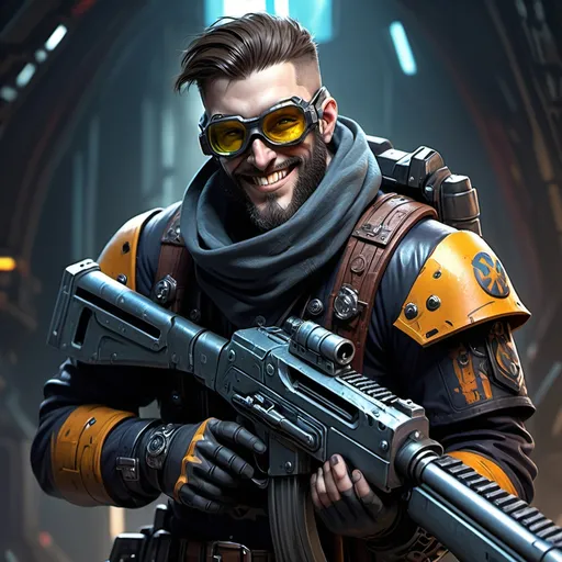 Prompt: (sci-fi character), vivid (Warhammer 40K) theme, young male ganger, (grinning) with distinct features, wearing rugged attire, (goggles around neck), holding an M1 garand rifle, chin beard stubble, dynamic pose, richly detailed background with futuristic elements, dark mood contrasted with vibrant highlights, (highly detailed), exploring post-apocalyptic aesthetic, cinematic lighting, intense atmosphere – perfect for a thrilling narrative.