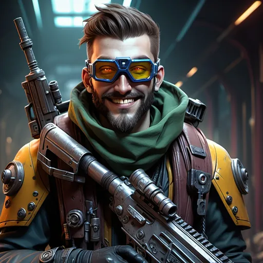 Prompt: (sci-fi character), vivid (Warhammer 40K) theme, young male ganger, (grinning) with distinct features, wearing rugged attire, (goggles around neck), holding an M1 garand rifle, chin beard stubble, dynamic pose, richly detailed background with futuristic elements, dark mood contrasted with vibrant highlights, (highly detailed), exploring post-apocalyptic aesthetic, cinematic lighting, intense atmosphere – perfect for a thrilling narrative.