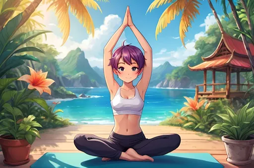 Prompt: Anime cute girl with cute face and short hair pixie cut doing yoga, vibrant tropical background, yoga mat, high quality, detailed anime style, bright and vibrant colors, peaceful and serene atmosphere, cute anime girl, yoga, handstand, vibrant nature, detailed artwork, professional anime illustration, colorful, uplifting