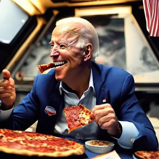 Prompt: Joe Biden creepy smile eating pizza floating in space.