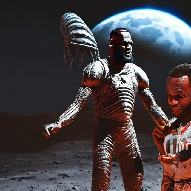 Prompt: LeBron James on the moon with an alien. Earth in the background, sun in the background.