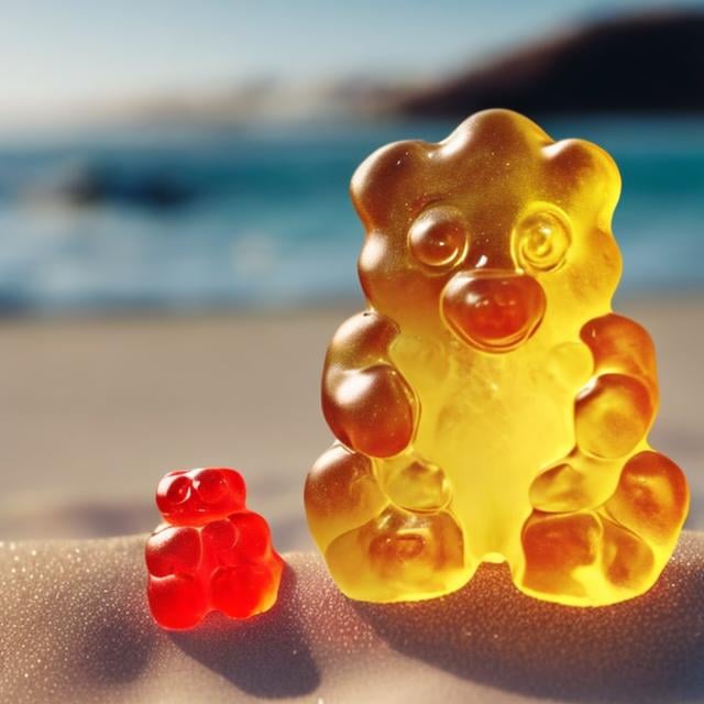 Prompt: Haribo gummy bear on the beach