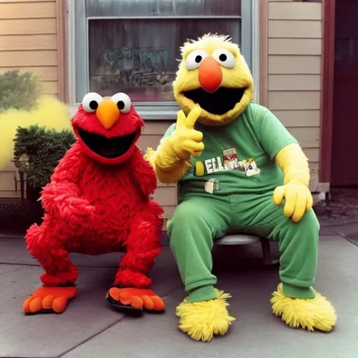 Prompt: Elmo and big bird smoking weed