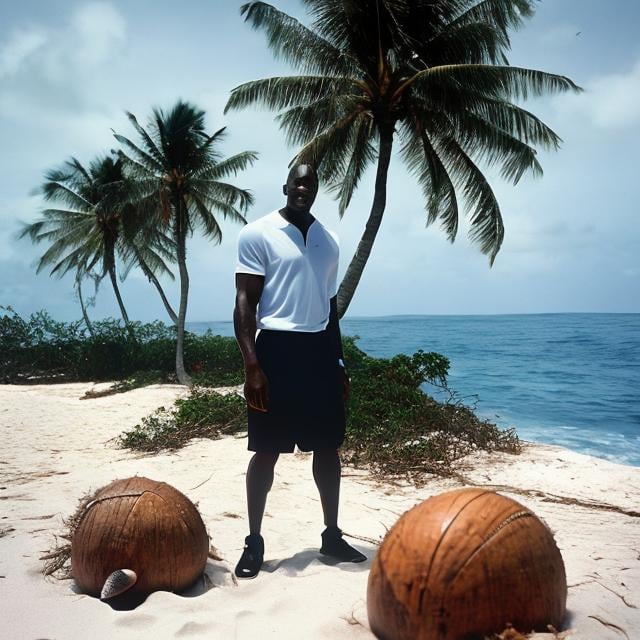 Prompt: Michael Jordan on a isolated island.
Coconut trees, seagulls, sea shells.