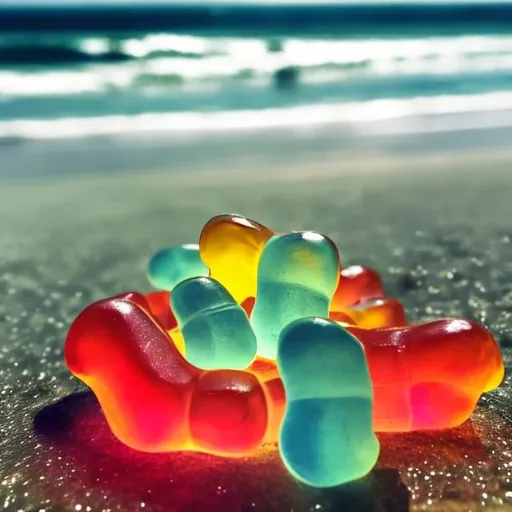 Prompt: Haribo gummy bear on the beach