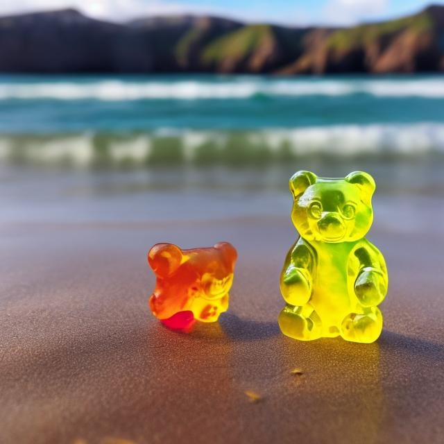 Prompt: Haribo gummy bear on the beach