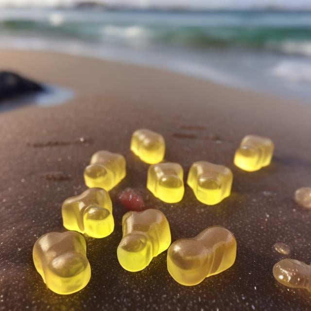 Prompt: Haribo gummy bear on the beach