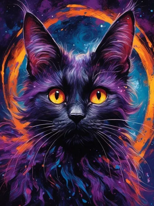 Prompt: <mymodel>(magical creature) cat with bat wings, whimsical and fantastical, (playful pose) vibrant color palette, swirling shades of deep purple and midnight black, glowing eyes, intricate wing details, soft fur texture, enchanting fantasy background with a starry night sky, (highly detailed) ultra-detailed illustration, captivating atmosphere of wonder and charm.