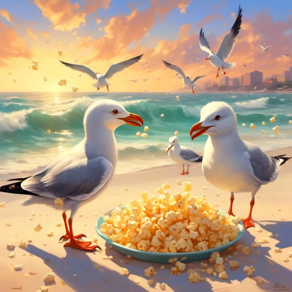 Prompt: <mymodel>(mymodel) seagulls fighting over popcorn, vivid action, humorous scene, dynamic poses of aggressive birds, scattered popcorn pieces, atmospheric beach setting, soft pastel colors for serene ocean background, warm sunlight creating playful shadows, high detail, 4K ultra-detailed, (funny and lively ambience)