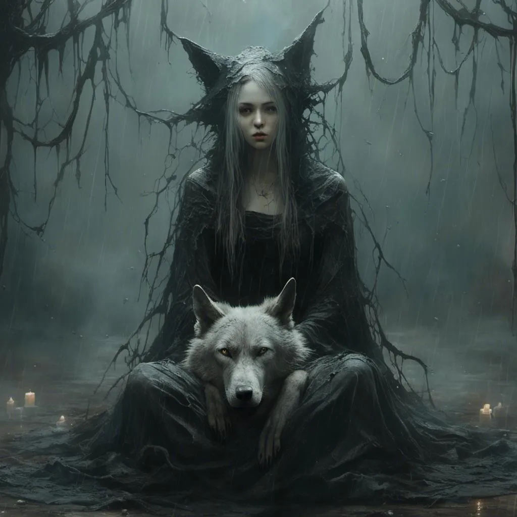 Prompt: <mymodel>  gorgeous witch sitting next to pet wolf, rain, goth, spooky yet intriguing