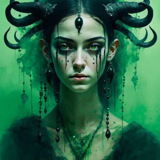 Prompt:  <mymodel>(attractive woman), horns, paint dripping down face, very large dreamy eyes, predatory gaze, black bubble beads hanging from horns, surrounded by ethereal green mist, moody lighting, dramatic shadows, surreal atmosphere, vivid colors, ultra-detailed, HD quality, captivating and mystical ambiance