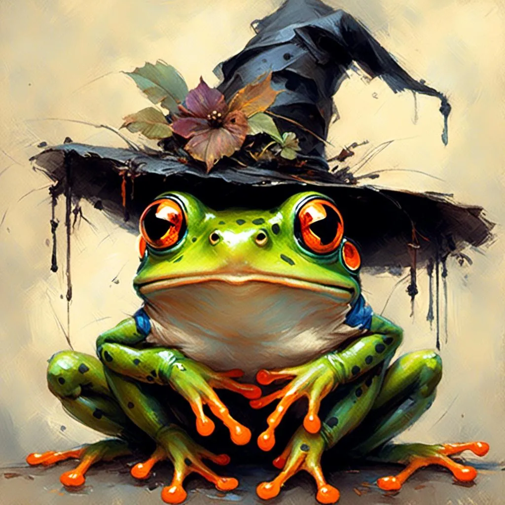 Prompt: <mymodel> cute frog in witch hat