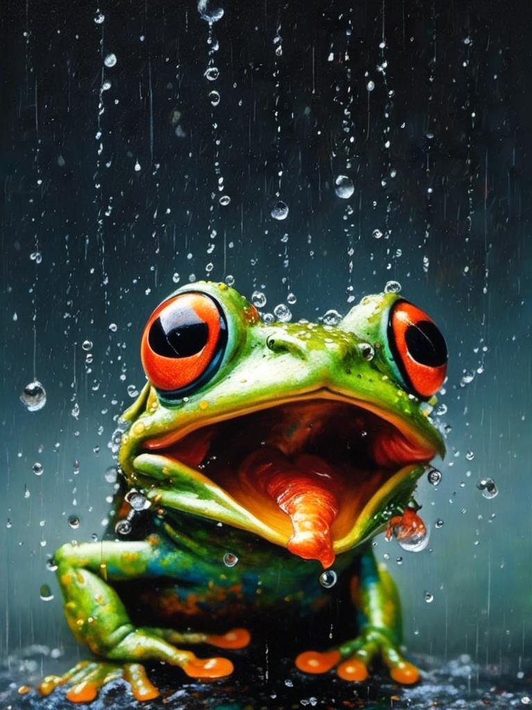 Prompt: <mymodel>macro portrait of a frog catching a fly in the rain