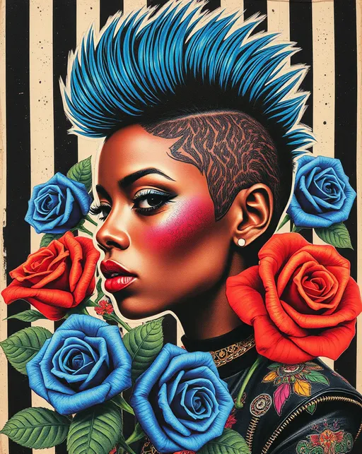 Prompt: (pastiche of a 70s vintage collage), (psychedelic whimsy), bold black & white stripes, striking blue thorned roses, vibrant African American punk rock woman with mohawk, vibrant textures, high contrast, dynamic composition, playful elements, ultra-detailed, nostalgic vibe, eclectic patterns, capturing rebellious spirit of punk rock culture, expressive emotions, retro aesthetic, suitable for modern design influences, visually captivating.