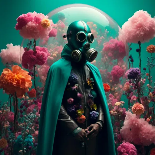 Prompt: <mymodel>(mymodel) man wearing a (mystical cloak) and (futuristic gas mask), surrounded by (giant flowers) towering majestically over him, vibrant colors contrasting with earthy tones, ethereal floating bubbles adding fantasy, soft light creating a dreamlike atmosphere, (teal), (black), (pink) accents, (highly detailed), (cinematic) quality, immersive and surreal ambiance in a whimsical field.