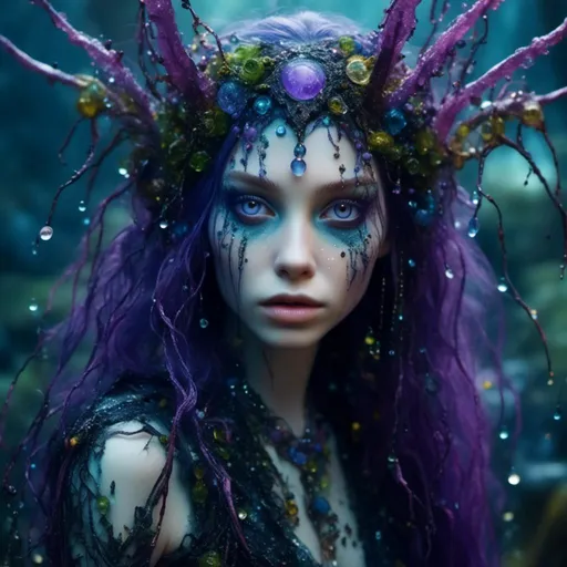 Prompt: <mymodel>Extremely hyper-realistic, ultra-detailed close-up of enchanting goth elven women, rising up from a murky, yet magical crystal cave swamp, super macro portrait, skin glistening with water beads, long flowing dark hair ( very large shimmering eyes), delicate antennae, exotic allure, rich shades of purple, blue, black, green, and earthy tones vibrantly illuminating the scene,  captivating magical ambiance, 4K quality. reflecting water.