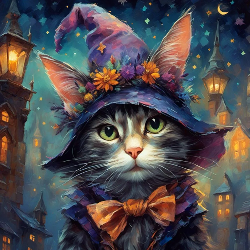 Prompt: <mymodel>lanky cat in witch hat, (whimsical style), (soft details), cozy atmosphere, enchanted setting, muted color palette, under a starry night, twinkling stars in the background, magical elements surrounding, playful expression, (highly detailed), (4K resolution), inviting charm and fantasy ambience.