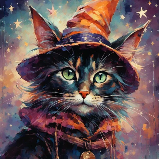 Prompt: <mymodel>lanky cat in witch hat, (whimsical style), (soft details), cozy atmosphere, enchanted setting, muted color palette, under a starry night, twinkling stars in the background, magical elements surrounding, playful expression, (highly detailed), (4K resolution), inviting charm and fantasy ambience.