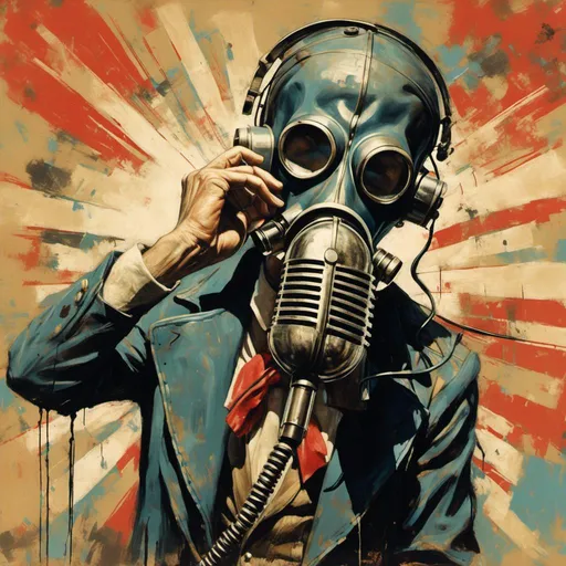 Prompt: <mymodel> cloaked man wearing gas mask singing into a retro style microphone