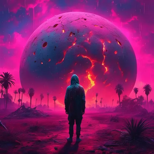 Prompt: (futuristic-vaporwave style), vibrant color scheme, (dramatic lighting), <mymodel> a ghost, surreal and ethereal atmosphere, surrounded by an expansive burning field, enormous sunlowers and palm trees, bright pink and purple hues blending together, high contrast visuals, lightning, 4K ultra-detailed, whimsical yet haunting, immersive and vibrant.