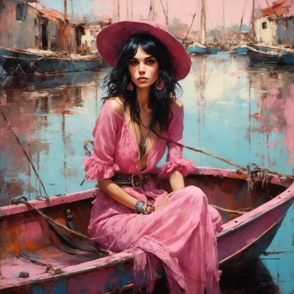 Prompt: <mymodel>portrait of beautiful boho-goth woman in pink boat