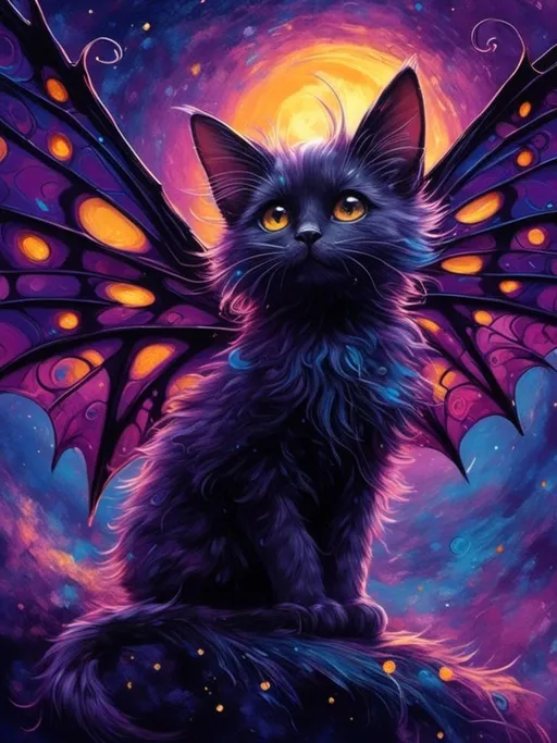 Prompt: <mymodel>(magical creature) cat with bat wings, whimsical and fantastical, (playful pose) vibrant color palette, swirling shades of deep purple and midnight black, glowing eyes, intricate wing details, soft fur texture, enchanting fantasy background with a starry night sky, (highly detailed) ultra-detailed illustration, captivating atmosphere of wonder and charm.