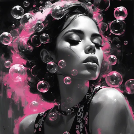 Prompt: <mymodel>(black and white image), (pop of color), attractive Latina woman, straight hair, pink eyeshadow, pink bandana, surrounded by semi-translucent bubbles, dynamic composition, striking contrasts, visually captivating details, dramatic lighting, captivating atmosphere, elegant posture, high-quality visual, ultra-detailed, artistic vibe, fashion elements.