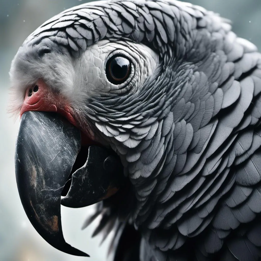 Prompt: <mymodel>super macro of a creepy african grey parrot with horns and spikes, ultra-detailed, 4K quality