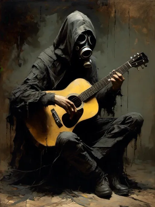 Prompt: <mymodel>(cloaked man in gas mask playing guitar), (mysterious atmosphere), dark, shadowy background, soft dramatic lighting, intricate details on the cloak texture, deep shadows emphasizing emotion, cinematic feel, (high quality), (ultra-detailed), haunting yet captivating vibe, captures both solitude and creativity in a dystopian setting.