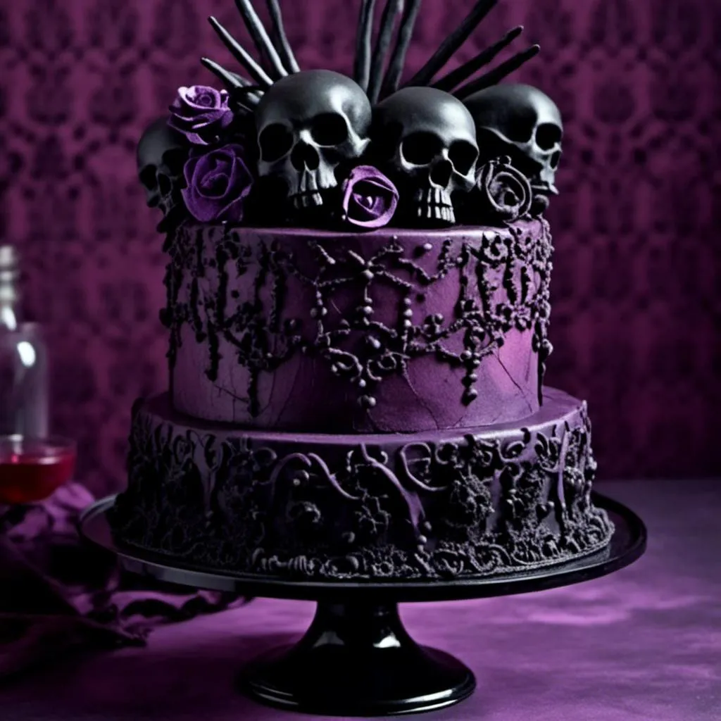 Prompt: <mymodel>(goth cake), intricately designed with black and purple icing, decorated with (skulls) and eerie embellishments, scrumptious texture, atmospheric lighting, detailed decoration capturing a darkly elegant aesthetic, warm and moody ambiance, visually striking composition, (ultra-detailed), appealing to lovers of gothic themes and high-quality confectionery artistry.