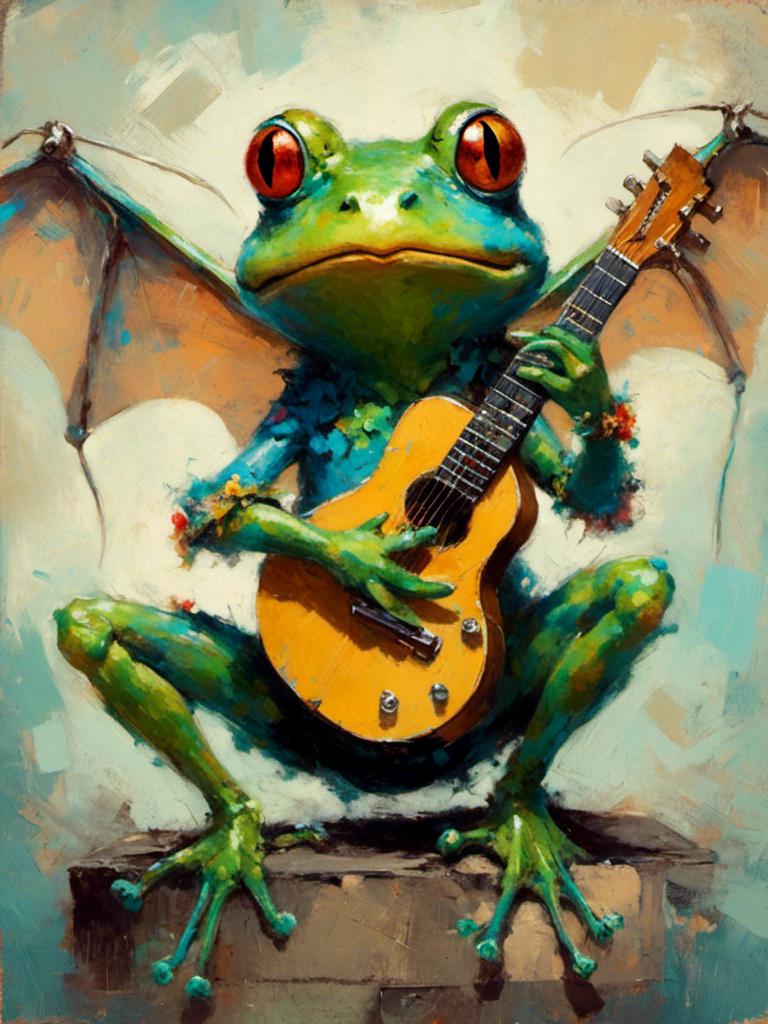 Prompt: <mymodel>frog with bat wings playing guitar