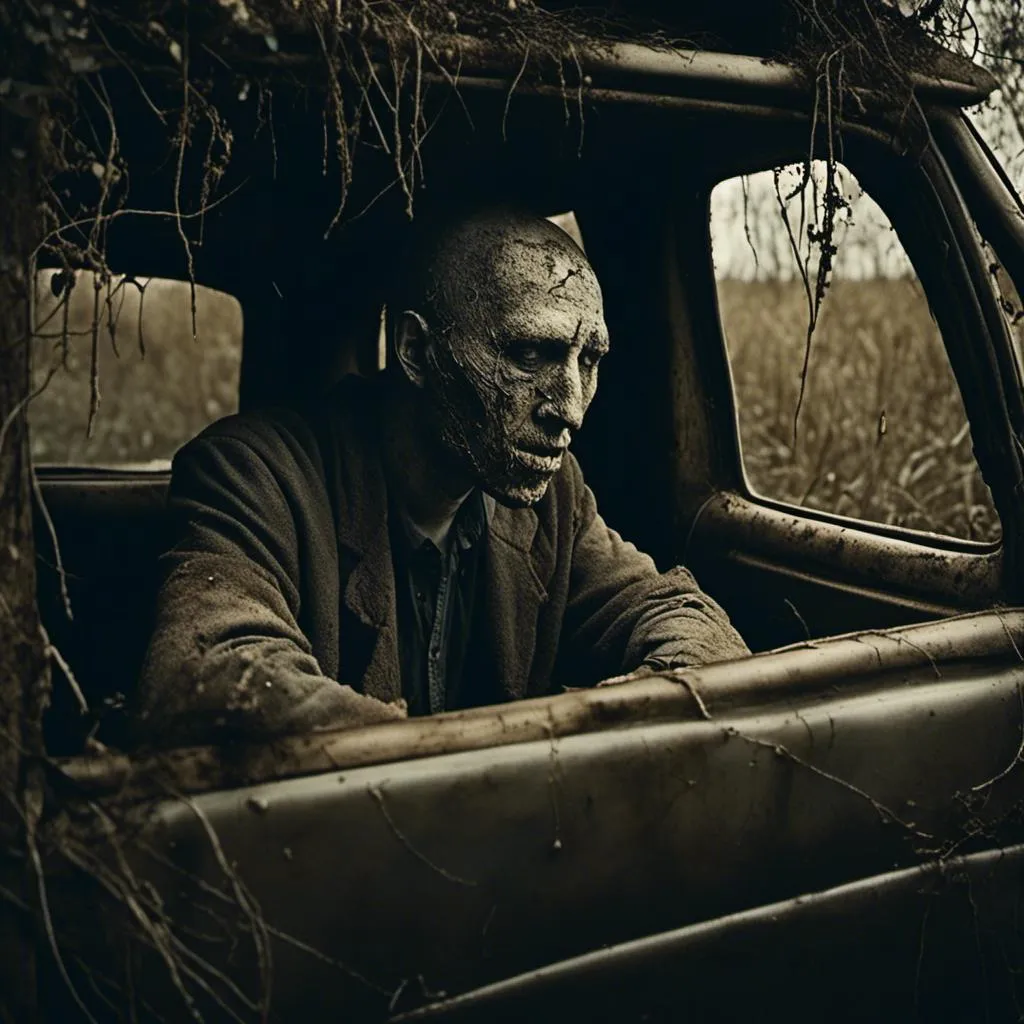 Prompt: <mymodel>(misc-macabre style), gorgeous (greaser man), sitting in a car, lush overgrown field, along a dirt road, (predatory look), (chiaroscuro lighting), retro film aesthetic, high ISO, grungy textures, dark color scheme, eerie ambiance, spooky undertones, (high quality), dramatic shadows, atmospheric depth, criminal vibe setting.